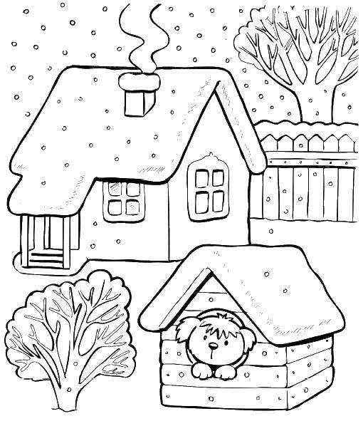 Раскраски для детей Зима, зимушка раскраски для школьников  Собака в будочке и зимний домик
