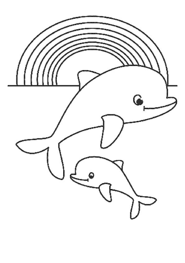 Раскраски радуга для самых маленьких, раскраски природные явления для малышей  Дельфинчики у радуги