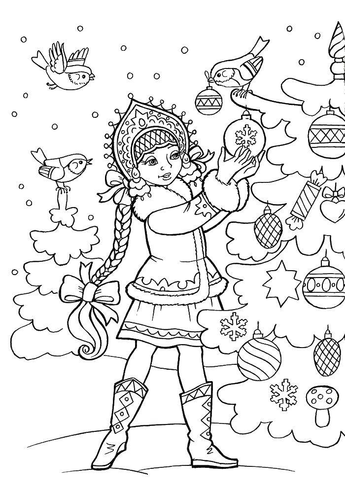 Раскраски подающий снег, снежинки, снега для детей, для занятий в начальной школе  Снегурочка наряжает елку