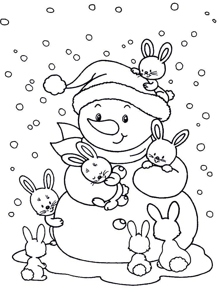 Раскраски подающий снег, снежинки, снега для детей, для занятий в начальной школе  Снеговик и зайчики