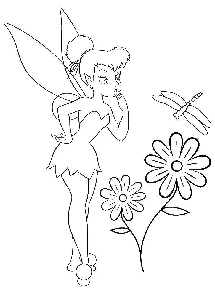 Раскраски с фея по зарубежным мультикам для девочек  Фея динь-динь смотрит на стрекозу