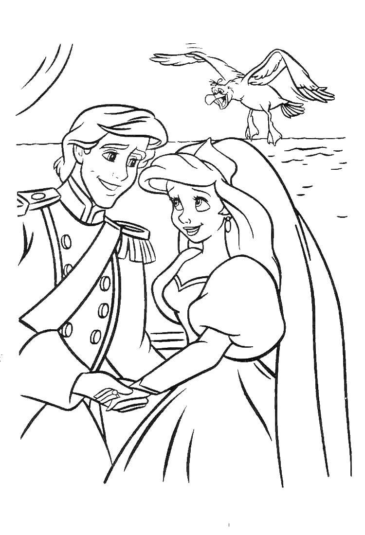 Раскраски по мультфильму русалочка для девочек  Русалочка ариэль со своим принцем