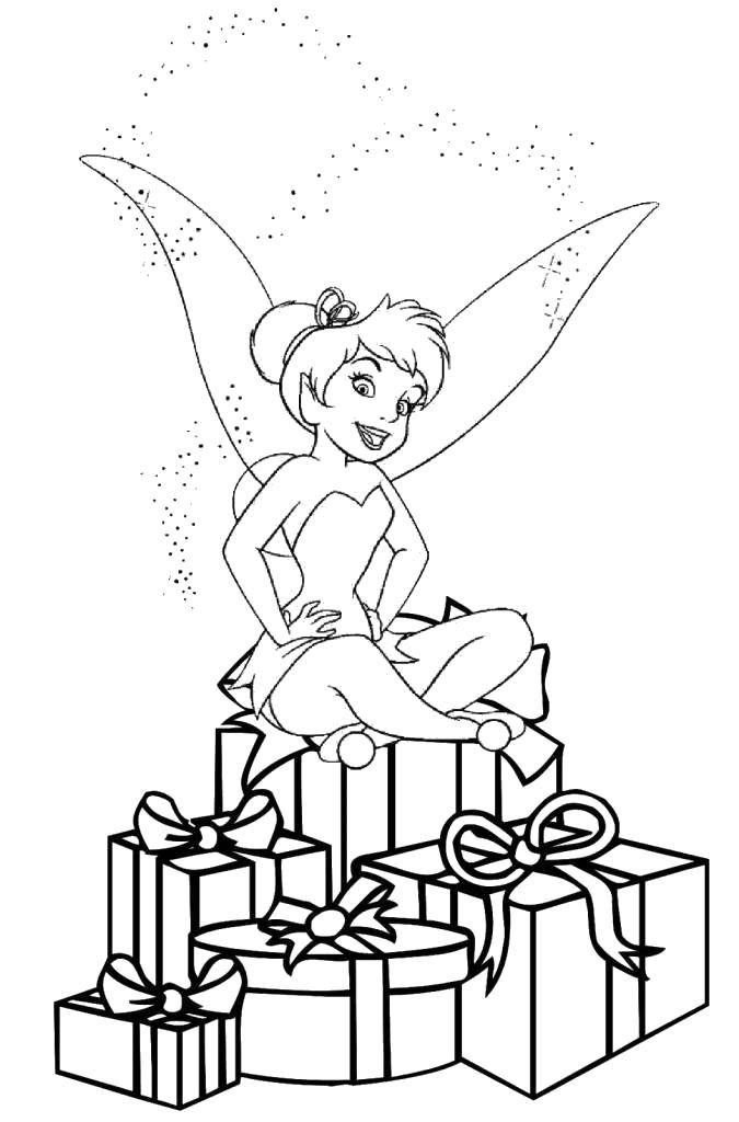 Раскраски с фея по зарубежным мультикам для девочек  Фея динь-динь из диснеевского мультфильма  феи  сидит на подарках