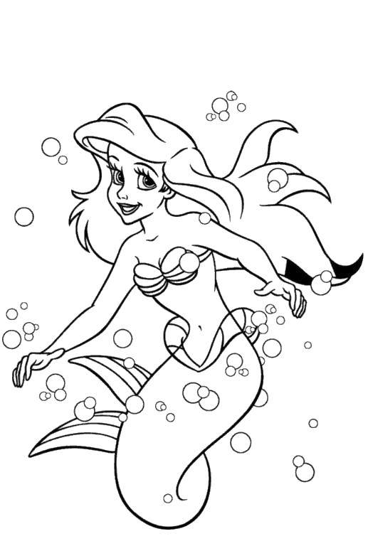 Раскраски по мультфильму русалочка для девочек  Ариэль в пузырьках