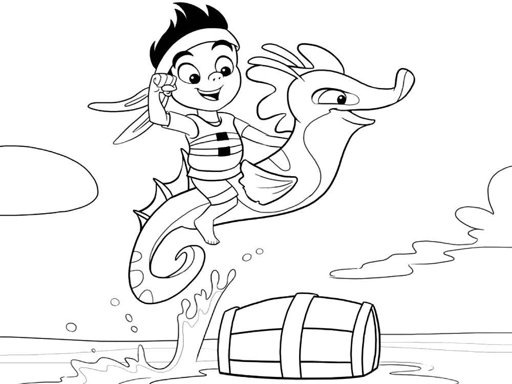  Мальчик на морском коньке Мальчик верхом на морском коньке перепрыгивает через бочку на поверхности воды.