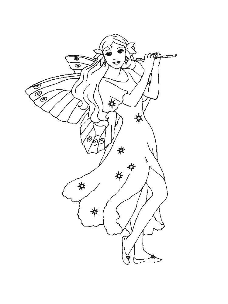 Раскраски с фея по зарубежным мультикам для девочек  Фея играет на флейте