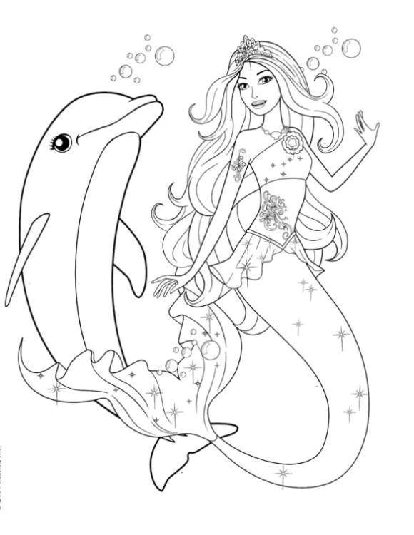 Раскраски с барби по серии мультфильмов  для девочек  Барби русалка с дельфином