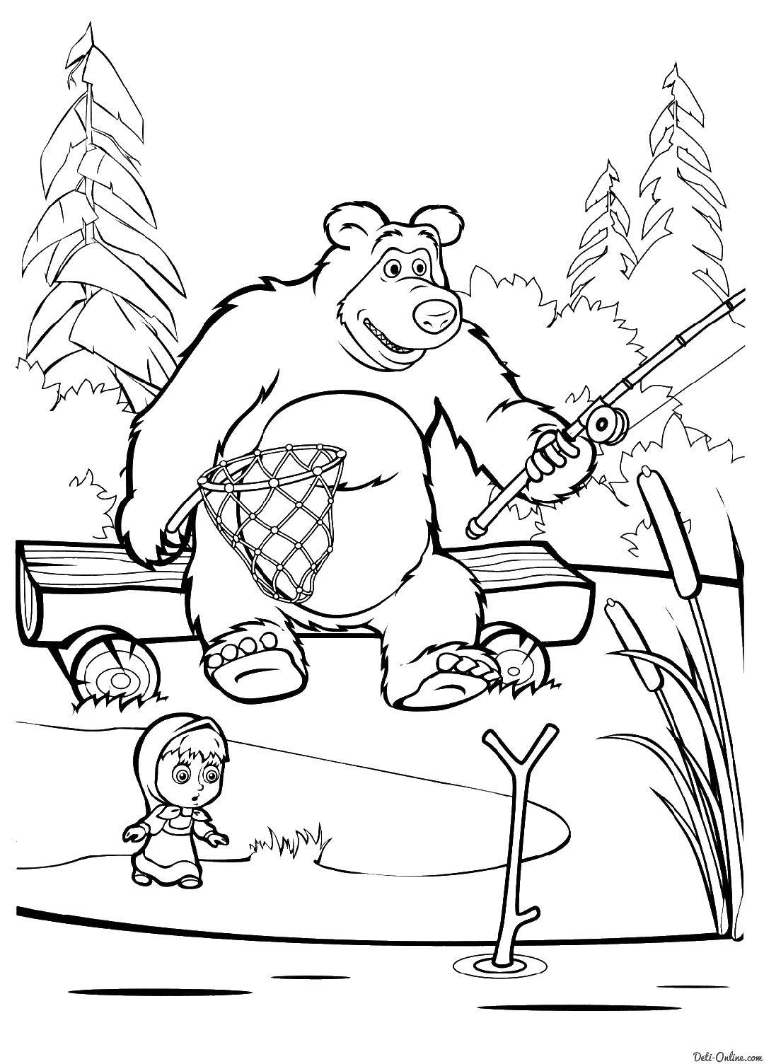 Раскраски для детей про озорную Машу из мультфильма Маша и медведь  Маша и медведь на рыбалке