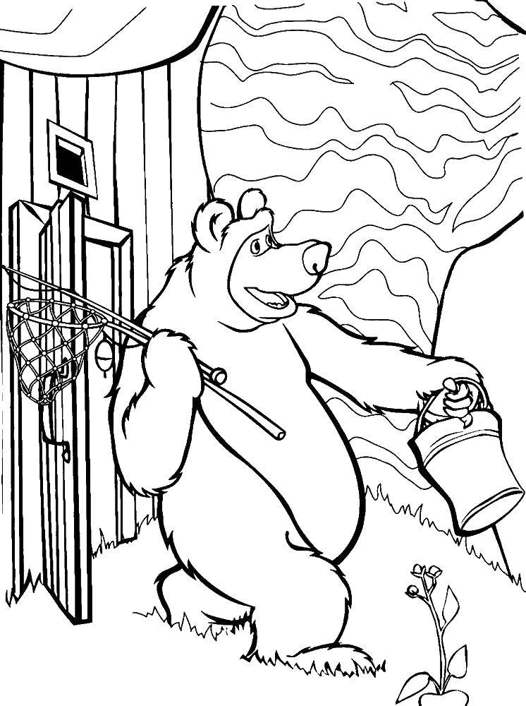 Раскраски для детей про озорную Машу из мультфильма Маша и медведь  Миша идет на  рыбалку