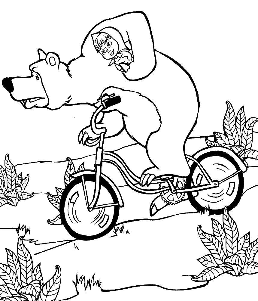 Раскраски для детей про озорную Машу из мультфильма Маша и медведь  Миша  везет машу  на велосипеде