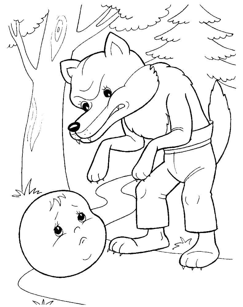 Раскраски про колобка для самых маленьких  Волк хочет съесть колобка