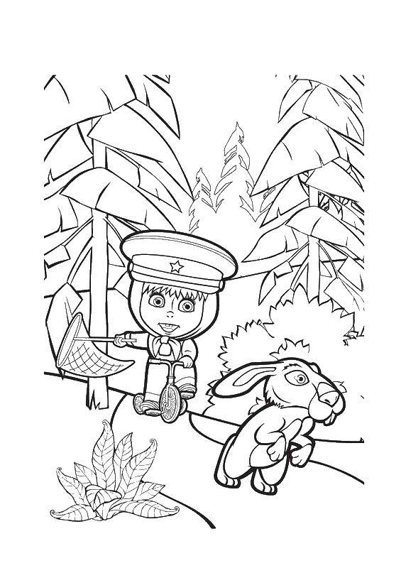 Раскраски для детей про озорную Машу из мультфильма Маша и медведь  Маша ловит зайца
