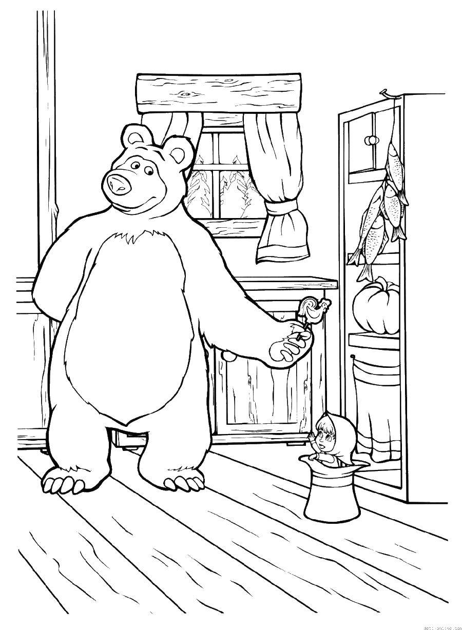 Раскраски для детей про озорную Машу из мультфильма Маша и медведь  Медведь дает конфету маше