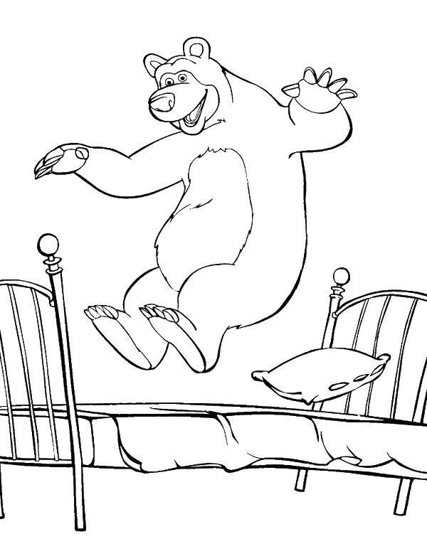 Раскраски для детей про озорную Машу из мультфильма Маша и медведь  Миша прыгает на кровати