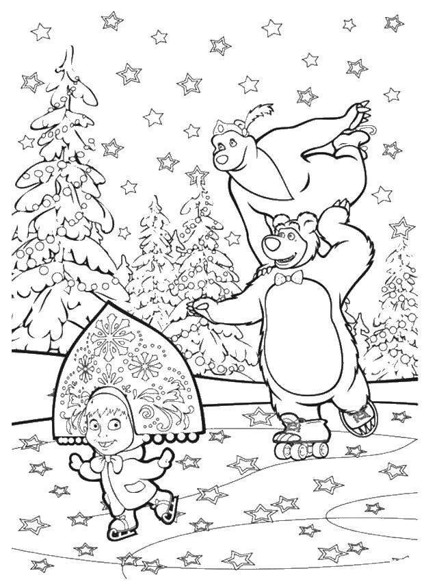 Раскраски для детей про озорную Машу из мультфильма Маша и медведь  Маша и медведь катаются на коньках