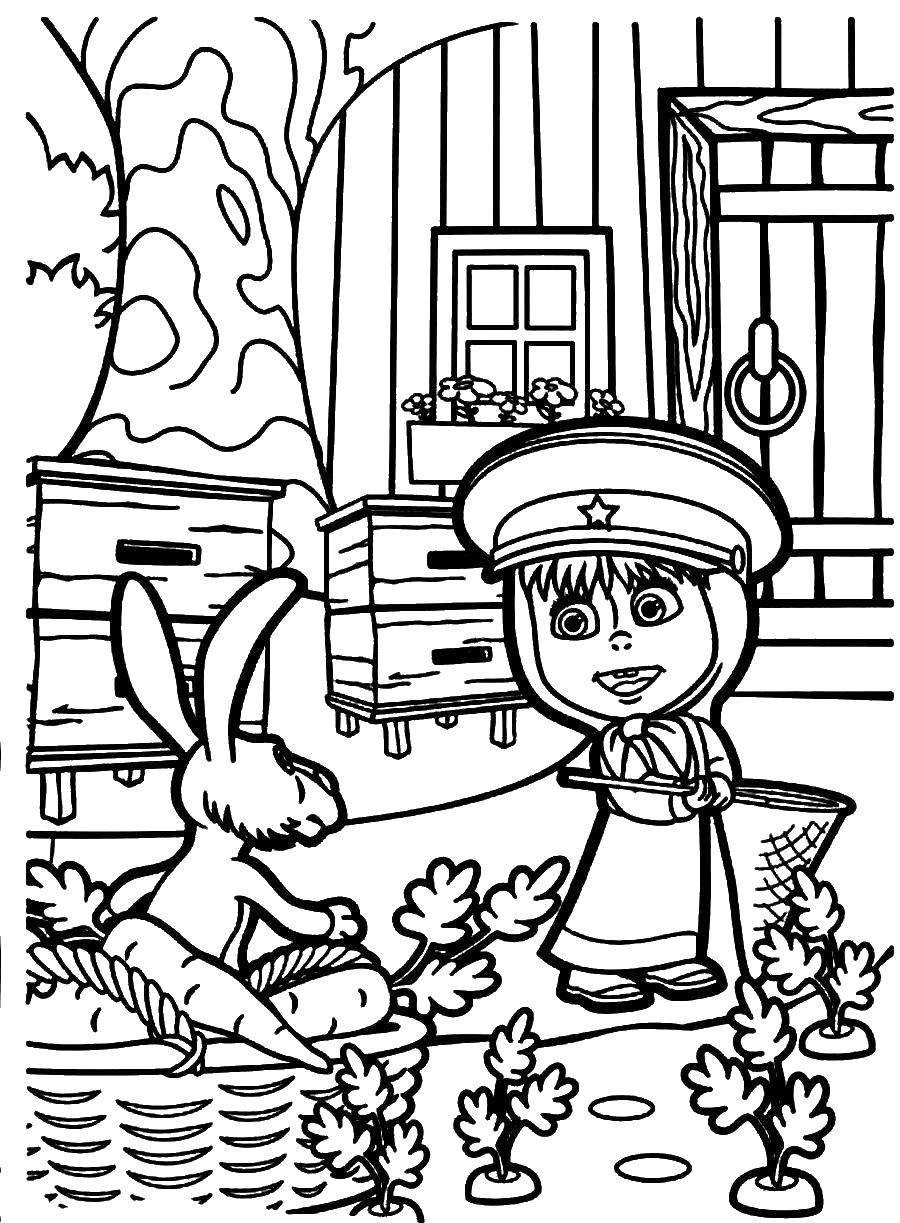 Раскраски для детей про озорную Машу из мультфильма Маша и медведь  Маша охотится на зайца