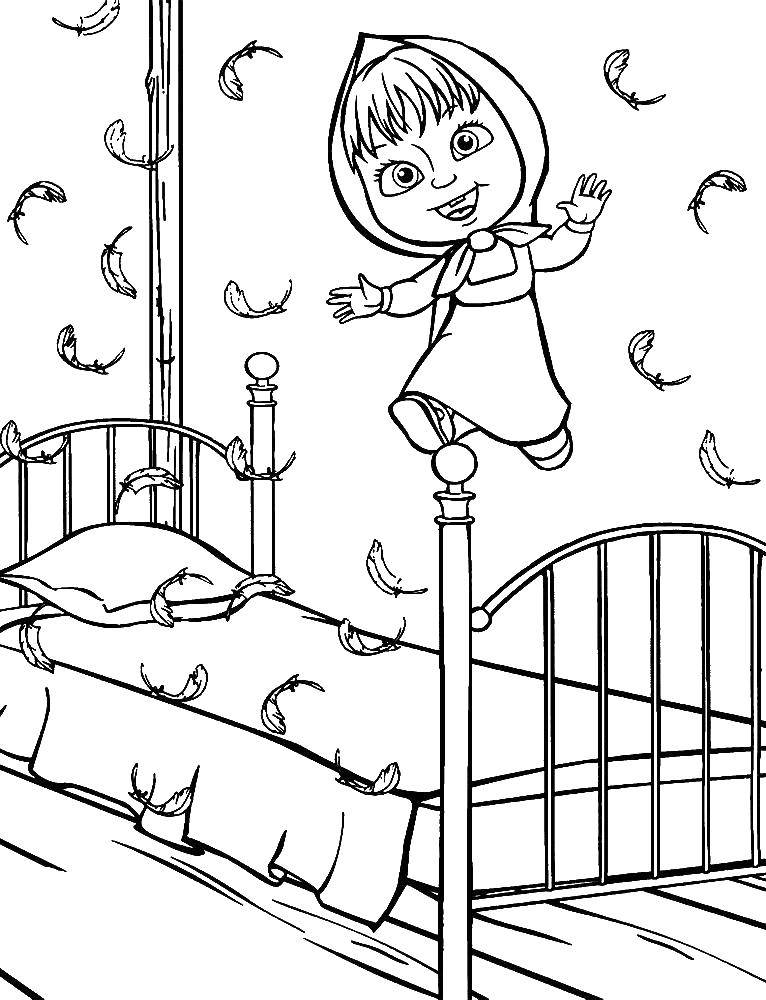 Раскраски для детей про озорную Машу из мультфильма Маша и медведь  Маша прыгает на кровати