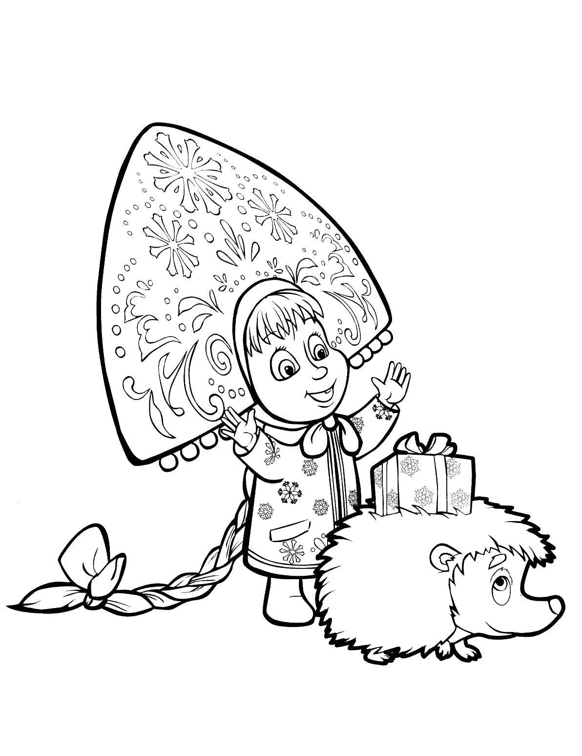 Раскраски для детей про озорную Машу из мультфильма Маша и медведь  Маша дарит подарок ежику