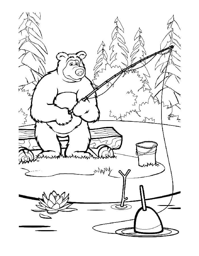 Раскраски для детей про озорную Машу из мультфильма Маша и медведь  Медведь на рыбалке