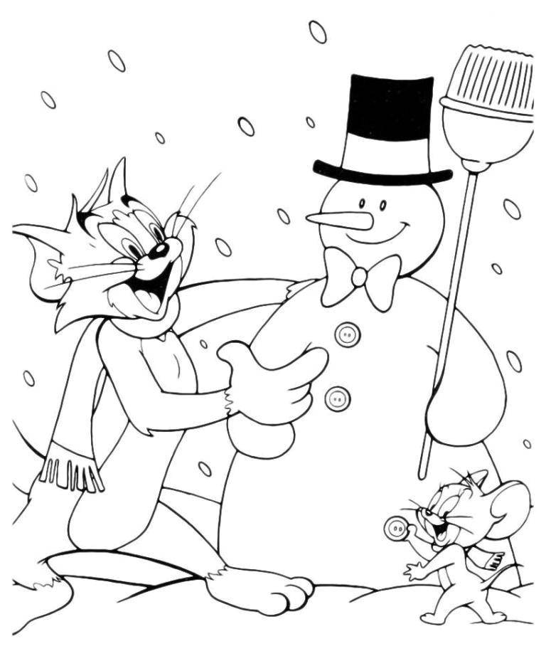 Раскраски малышам про Тома и Джерри  Том и джерри лепят снеговика