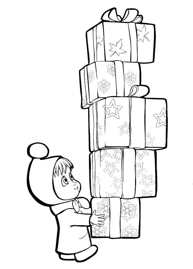 Раскраски для детей про озорную Машу из мультфильма Маша и медведь  Маша с подарками