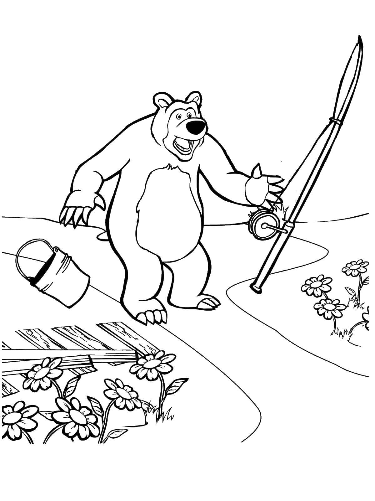 Раскраски для детей про озорную Машу из мультфильма Маша и медведь  Мишка после рыбалки