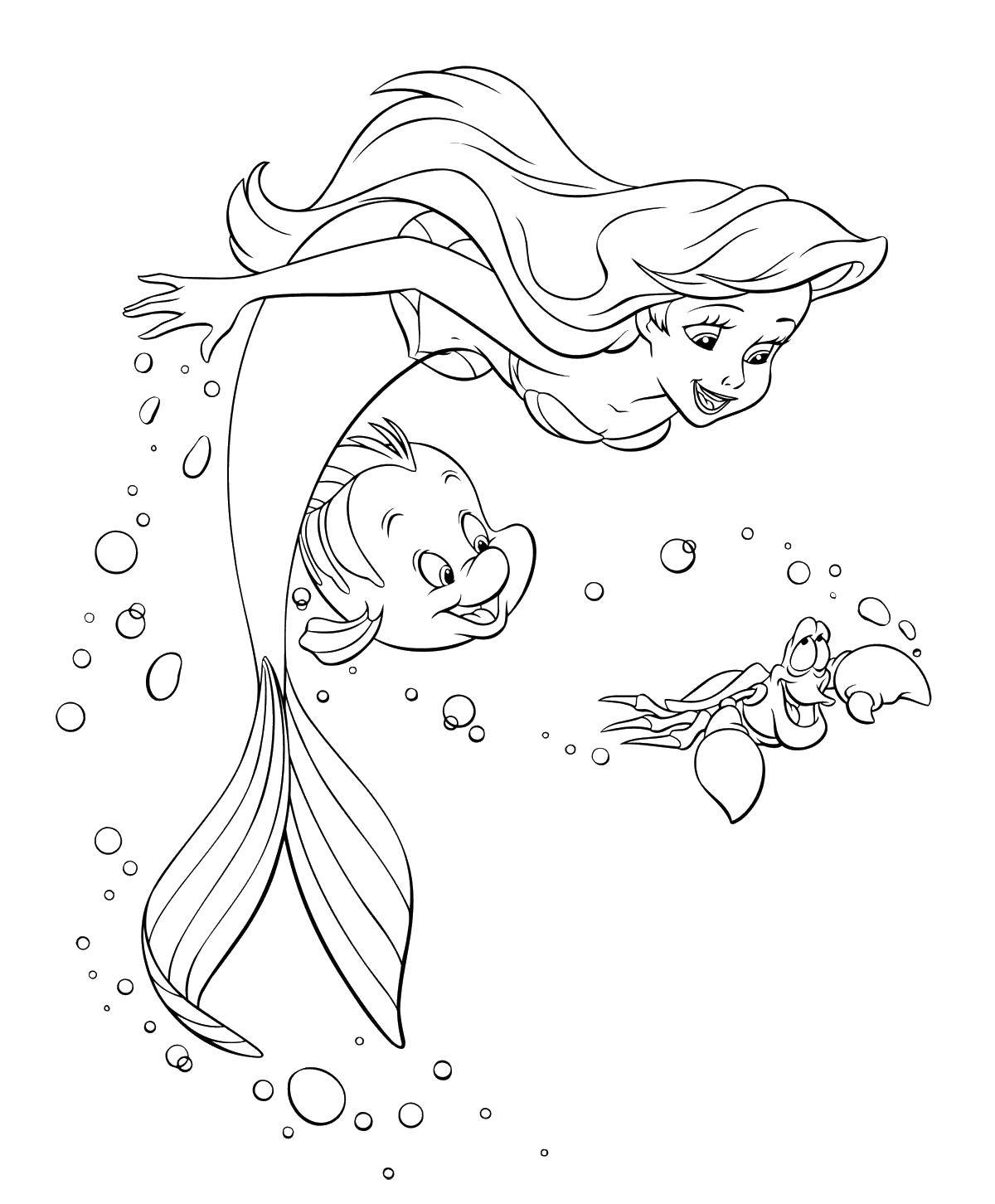 Раскраски по мультфильму русалочка для девочек  Ариэль плавает с друзьями