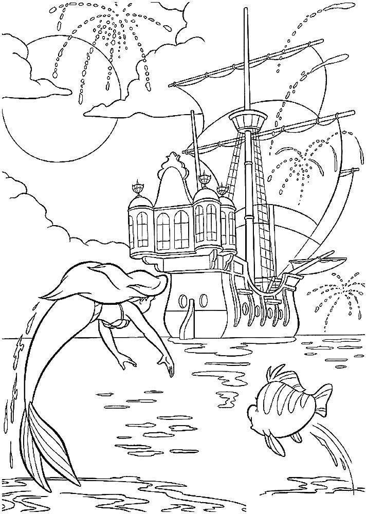Раскраски по мультфильму русалочка для девочек  Ариэль плывёт на корабль
