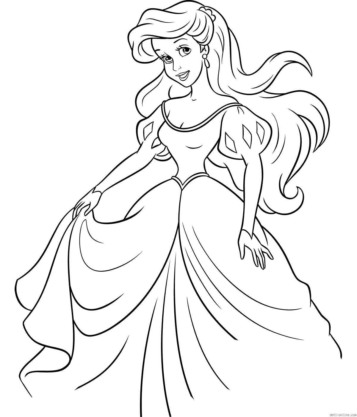 Раскраски по мультфильму русалочка для девочек  Ариэль в прекрасном платье