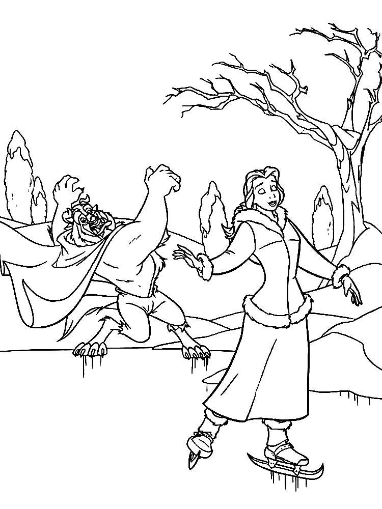 Раскраски из мультфильма Красавица и чудовище для детей  Бэлль и чудовище катаются на льду