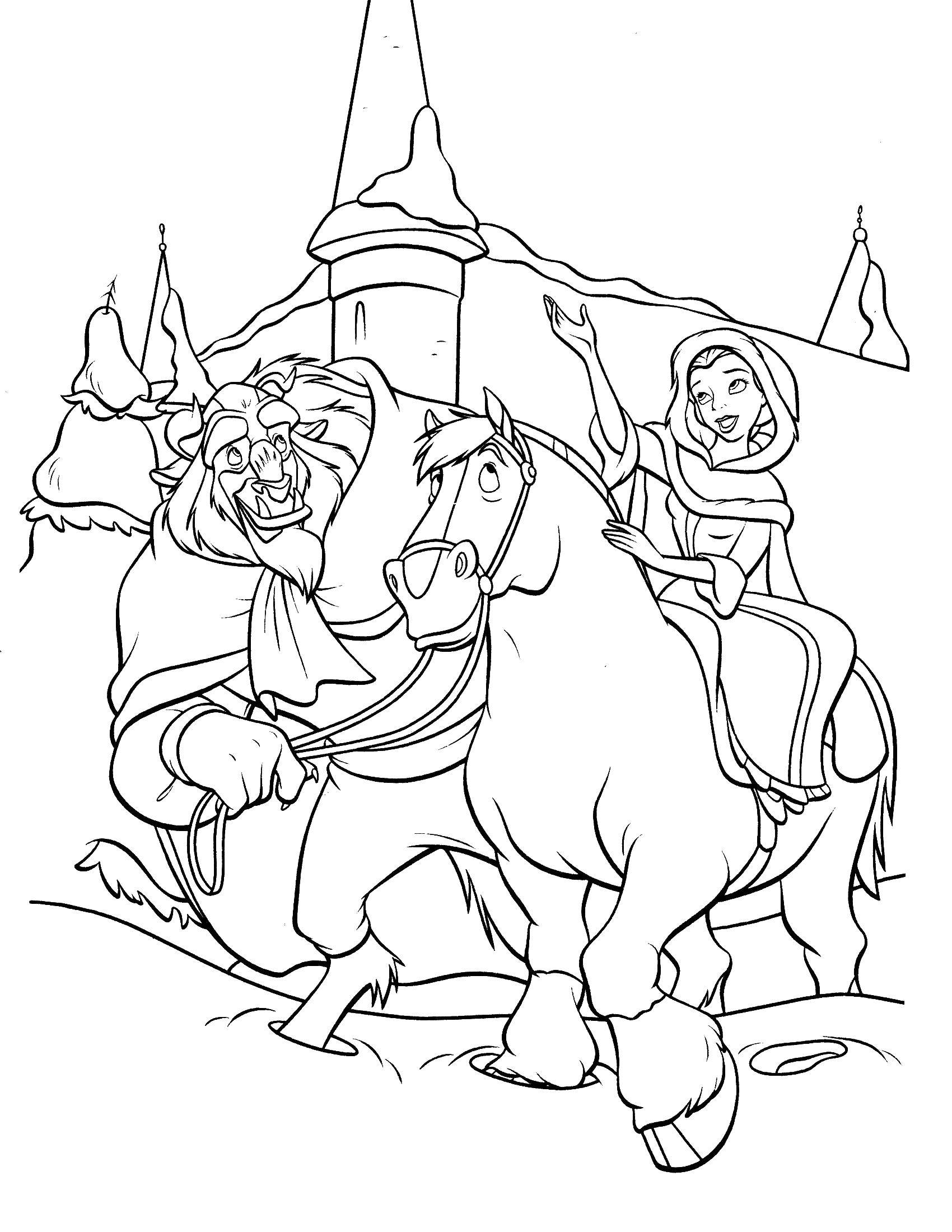 Раскраски из мультфильма Красавица и чудовище для детей  Белл катается на коне с чудовищем