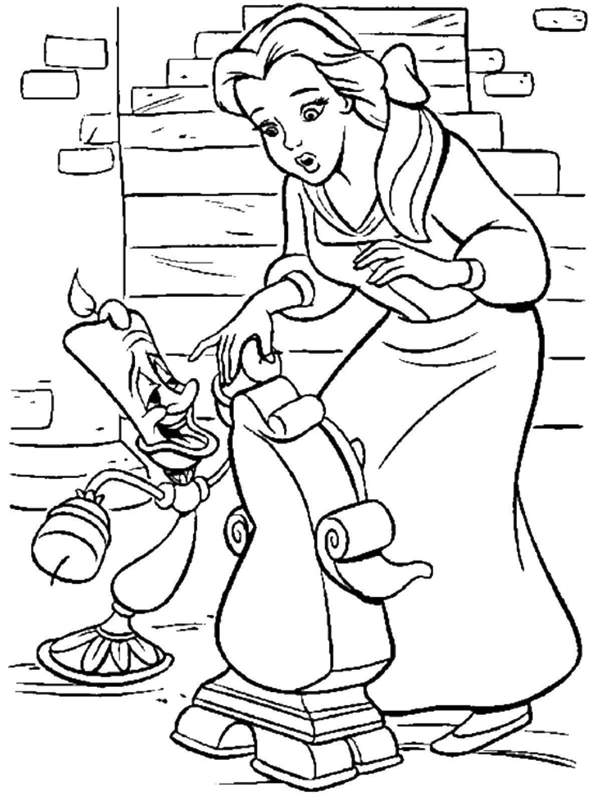 Раскраски из мультфильма Красавица и чудовище для детей  Белл пришла в гости