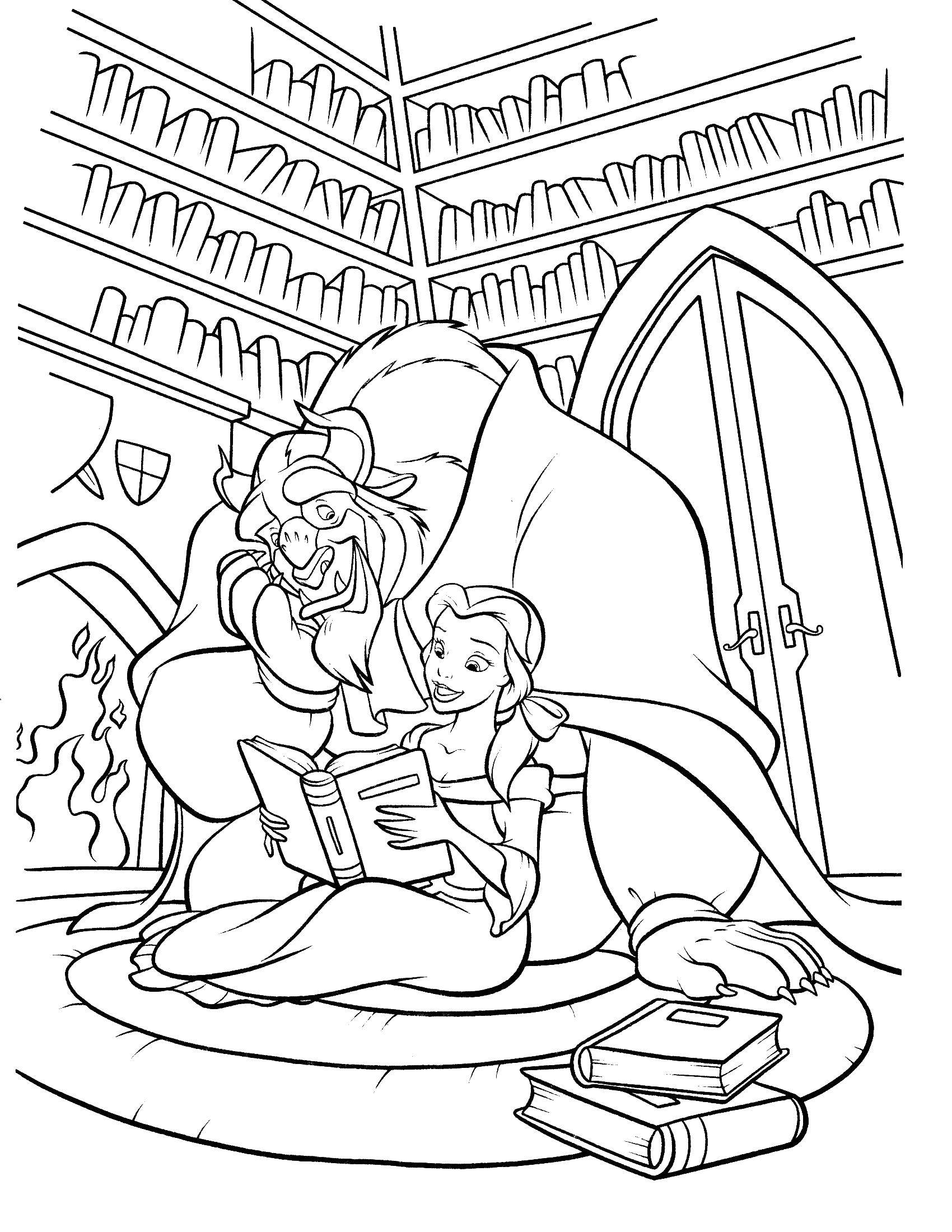 Раскраски из мультфильма Красавица и чудовище для детей  Красавица белл и чудовище читают внигу вместе