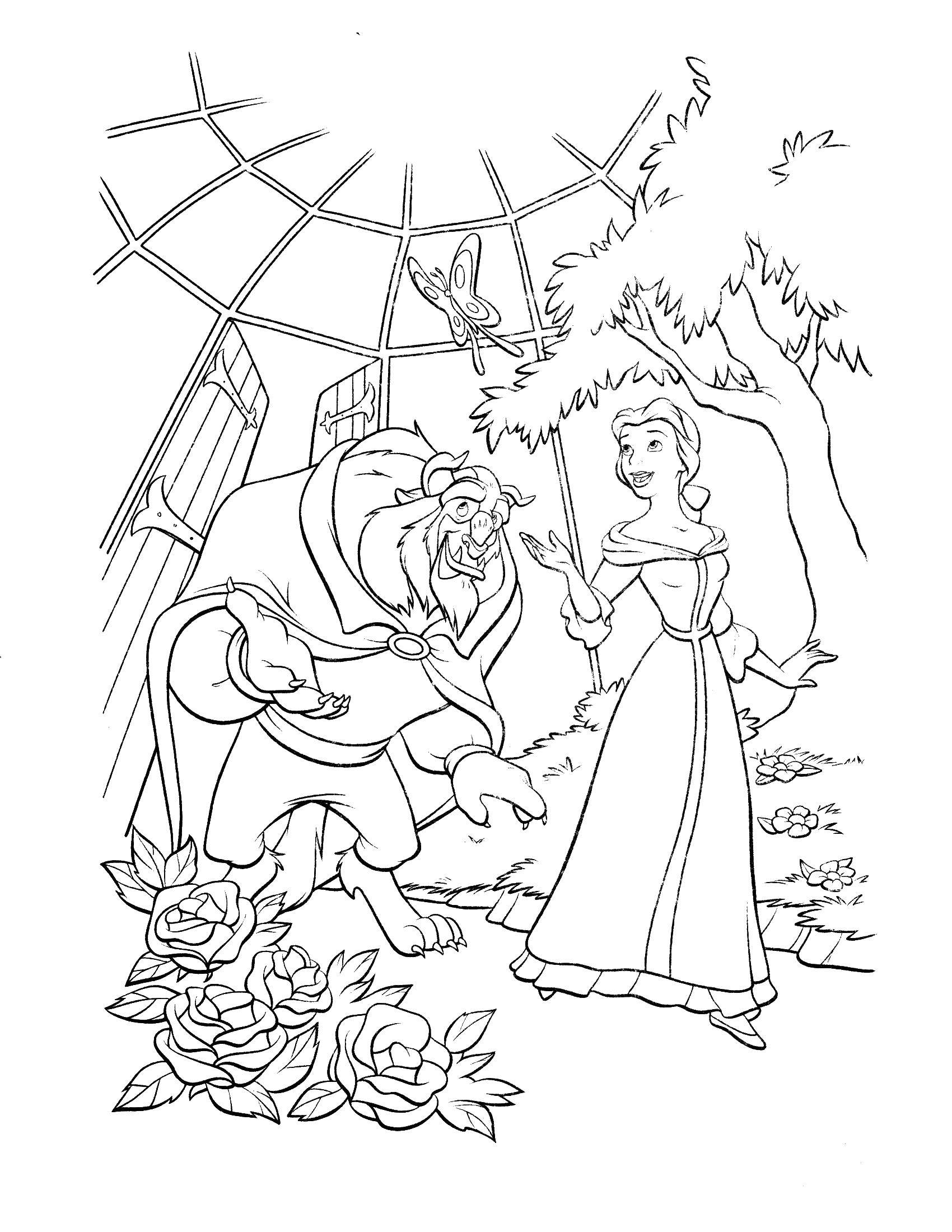 Раскраски из мультфильма Красавица и чудовище для детей  Красавица белл и чудовище гуляют в саду