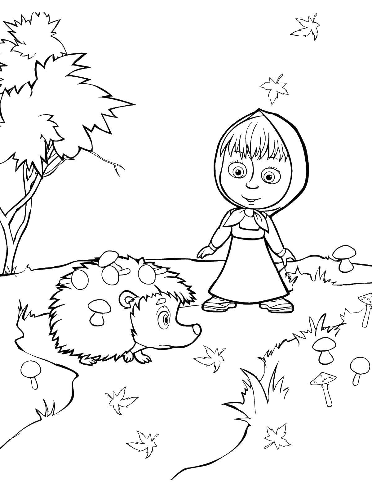 Раскраски для детей про озорную Машу из мультфильма Маша и медведь  Маша и ежик с грибами