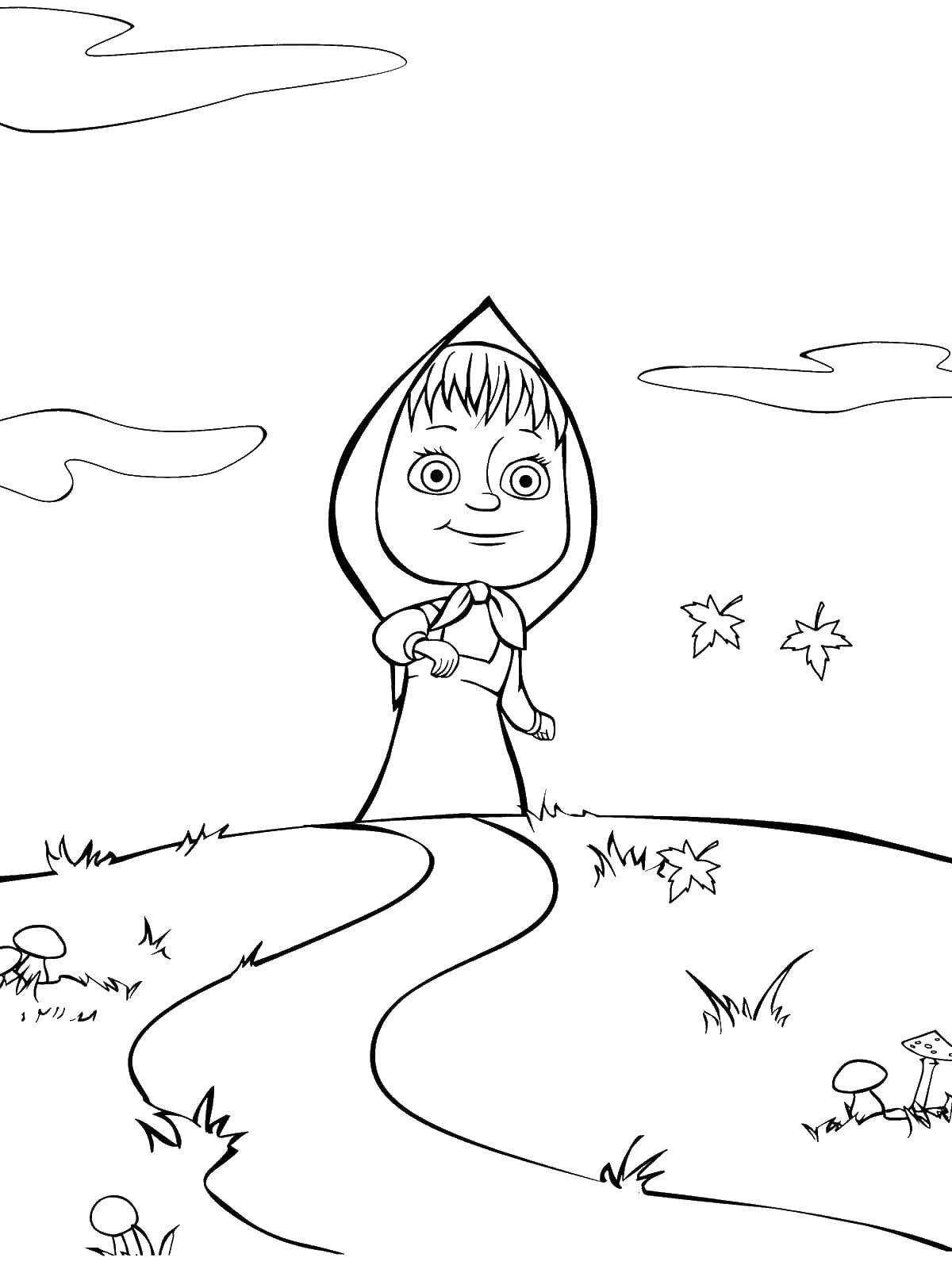 Раскраски для детей про озорную Машу из мультфильма Маша и медведь  Маша идет по полю