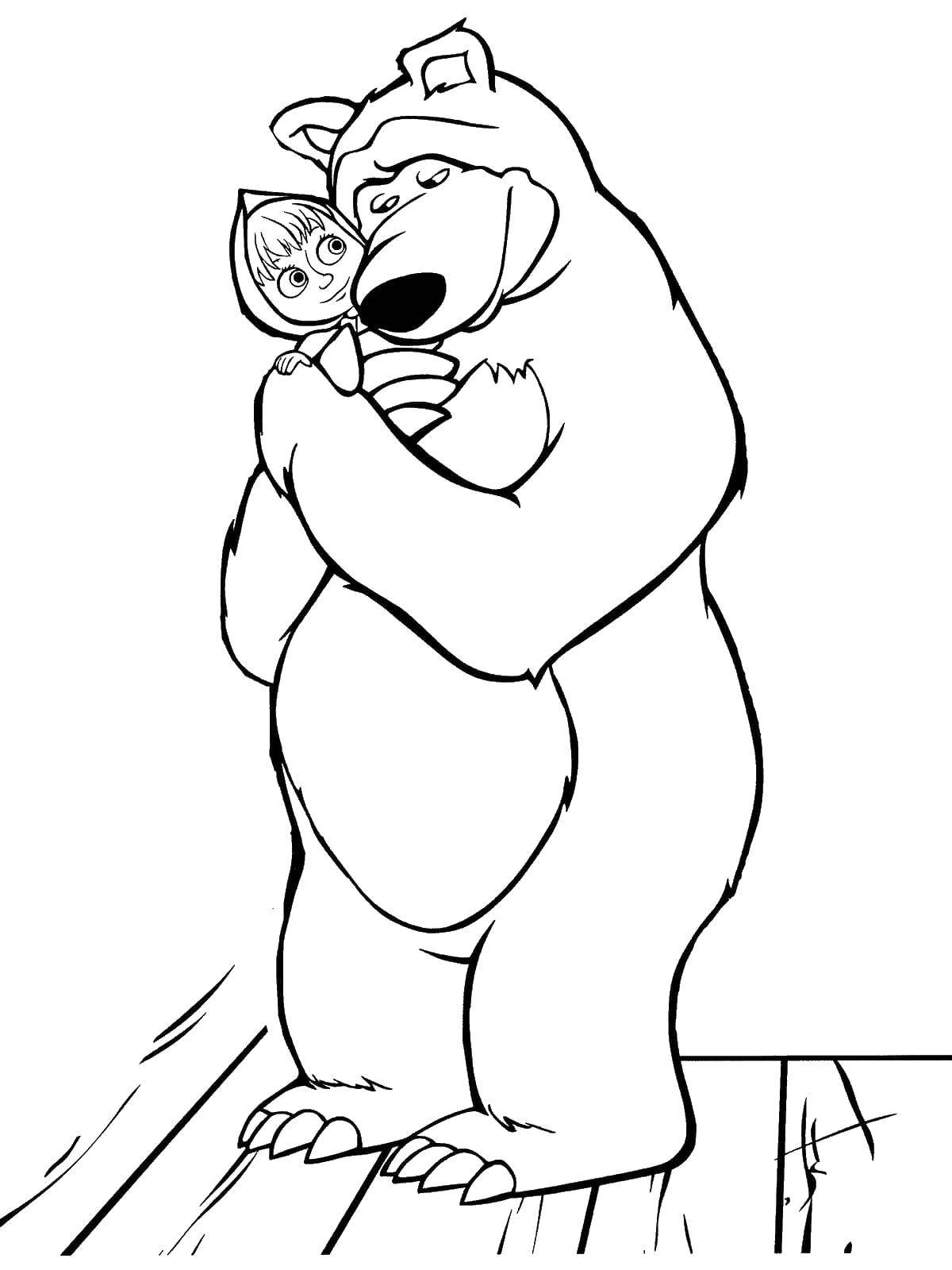 Раскраски для детей про озорную Машу из мультфильма Маша и медведь  Миша обнимает машу