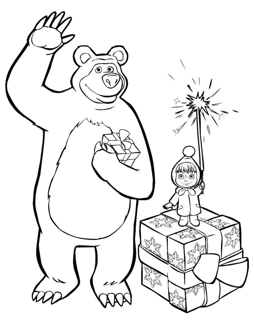 Раскраски для детей про озорную Машу из мультфильма Маша и медведь  Маша и миша с подарками