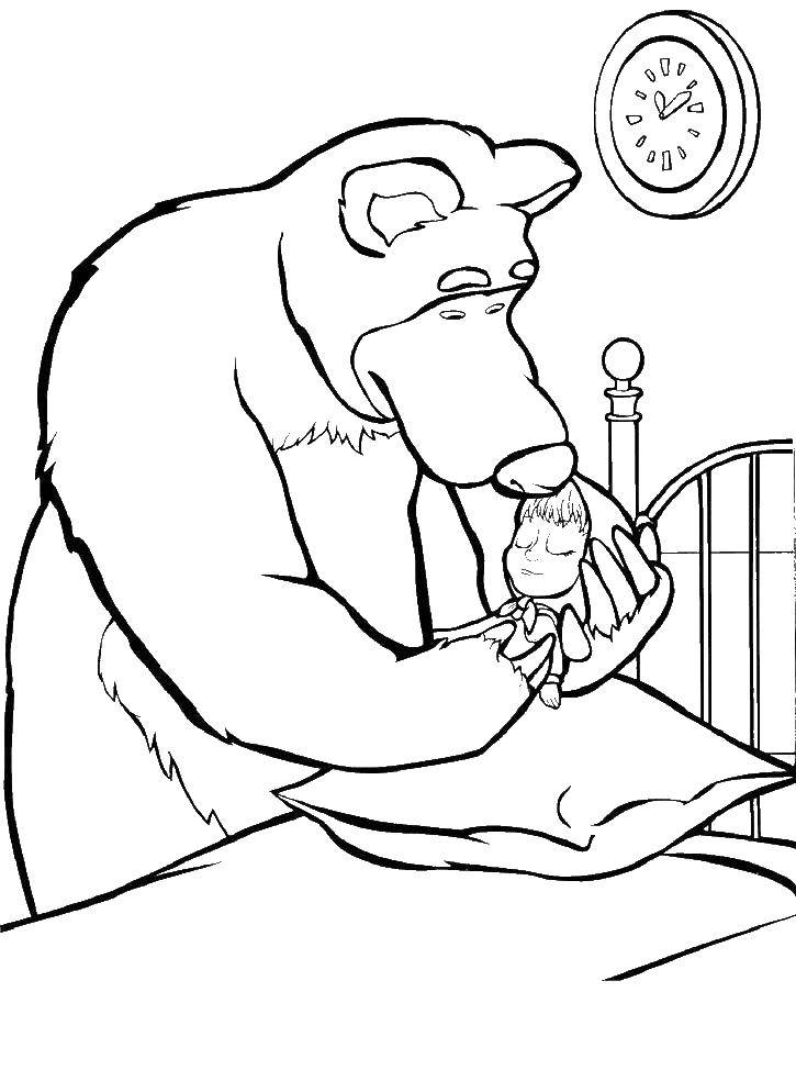 Раскраски для детей про озорную Машу из мультфильма Маша и медведь  Миша укладывает машу спать