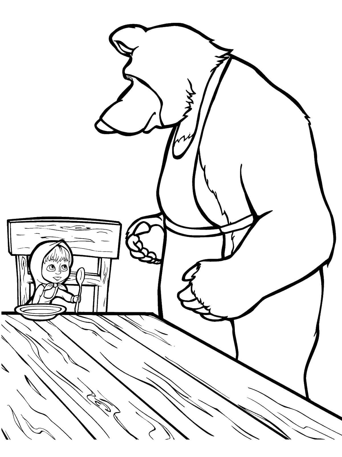 Раскраски для детей про озорную Машу из мультфильма Маша и медведь  Мишка кормит машу