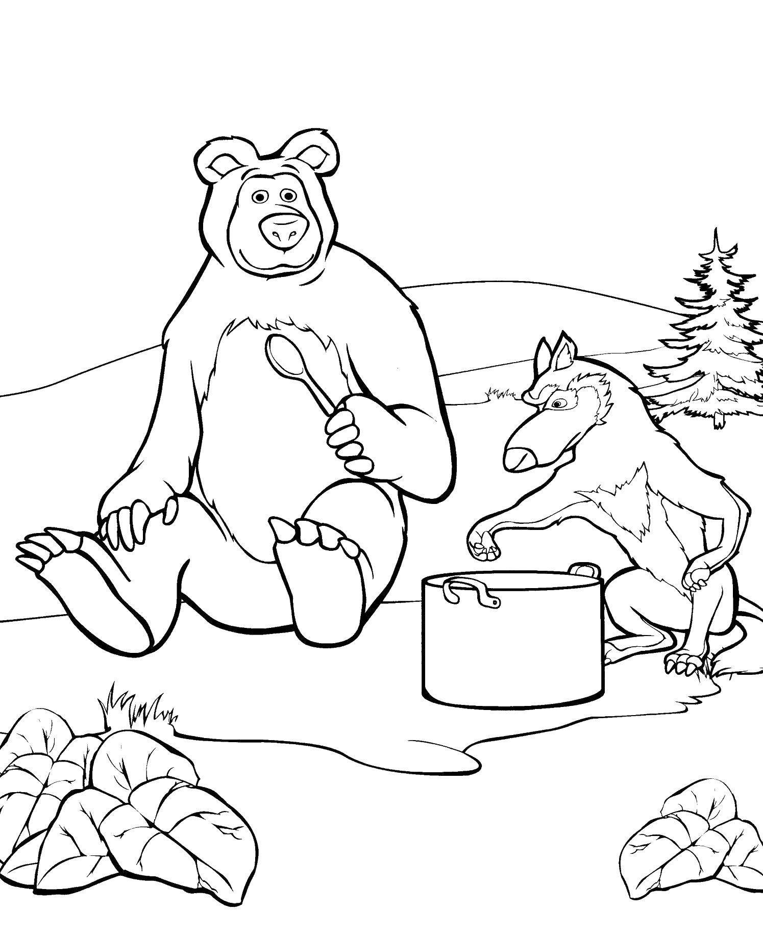 Раскраски для детей про озорную Машу из мультфильма Маша и медведь  Миша кушает с волком
