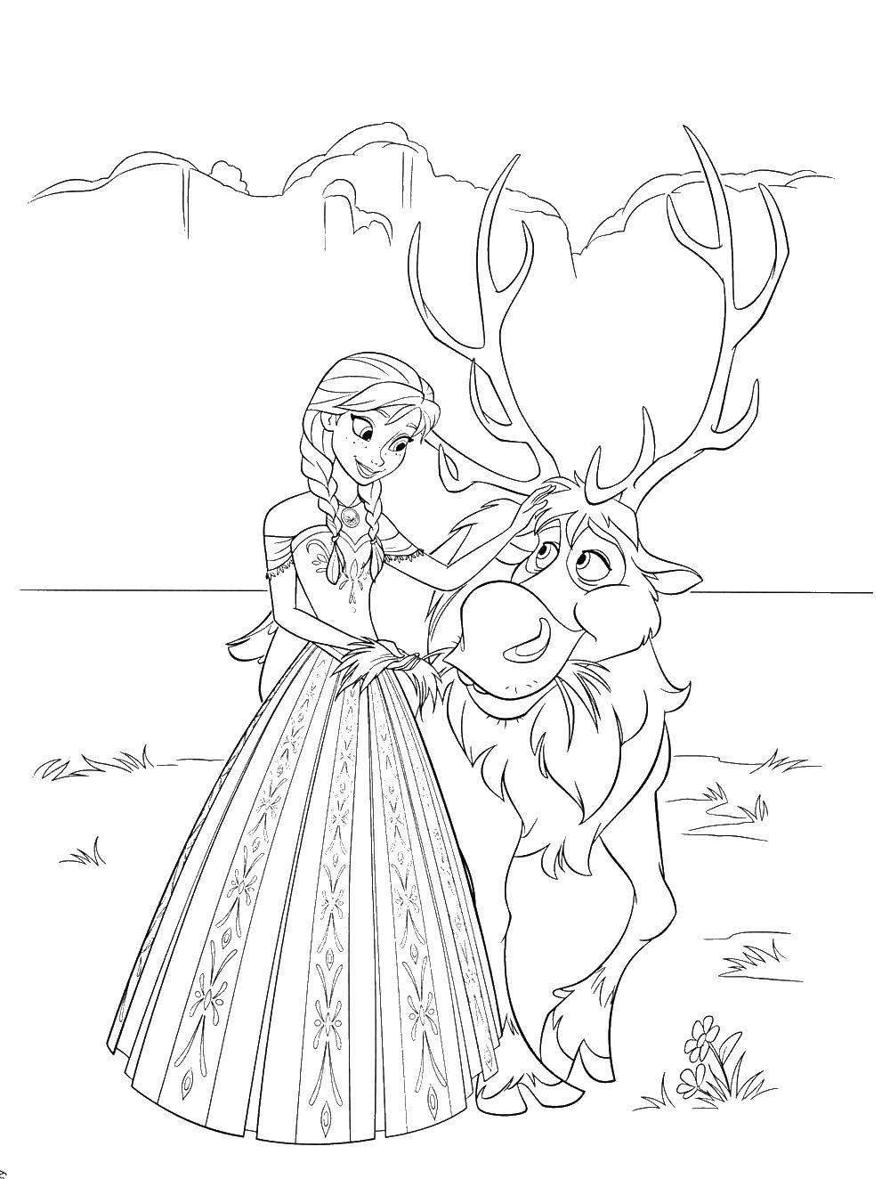 Раскраски для девочек и мальчиков по мультфильму Холодное сердце  Анна и олень свен