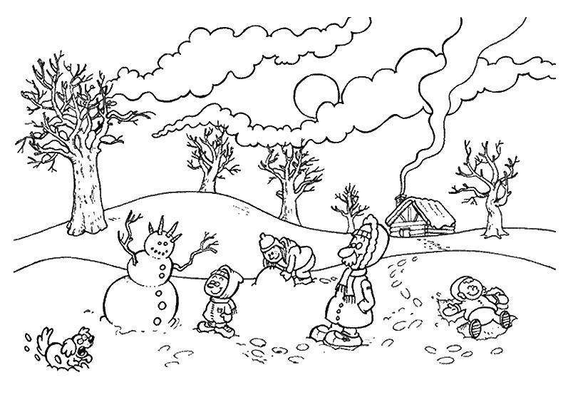 Раскраски для детей Зима, зимушка раскраски для школьников  Дети играют со снегом