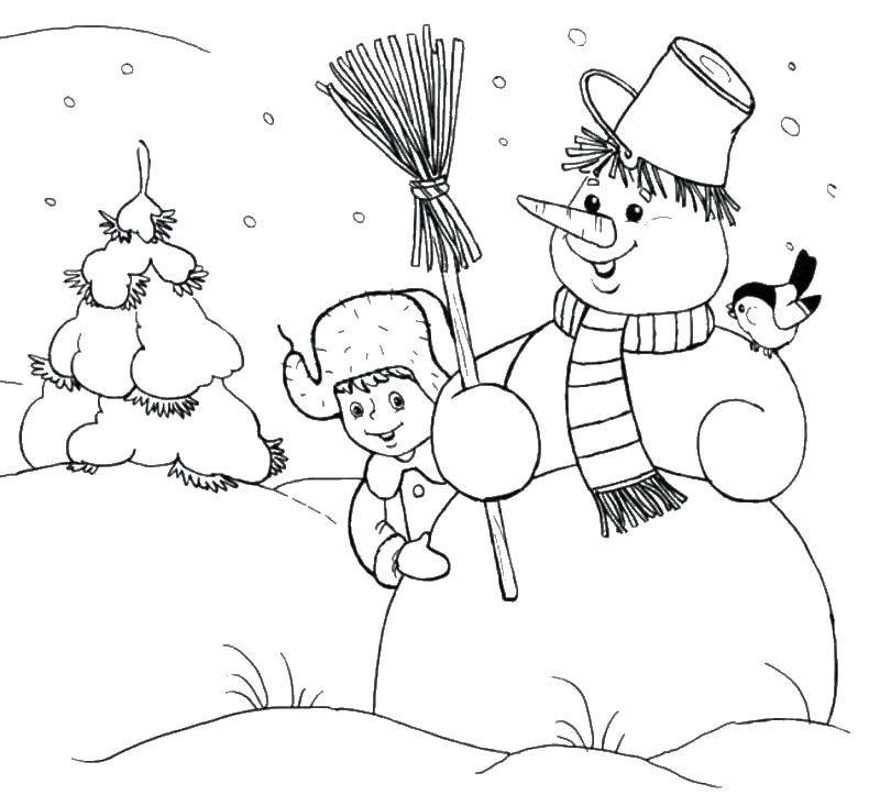 Раскраски подающий снег, снежинки, снега для детей, для занятий в начальной школе  Мальчик слепил снеговика