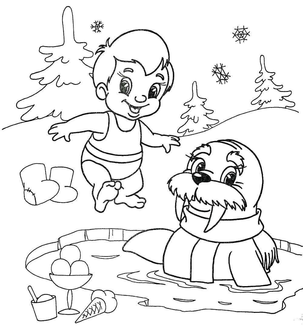 Раскраски для детей Зима, зимушка раскраски для школьников  Морж и мальчик купаются