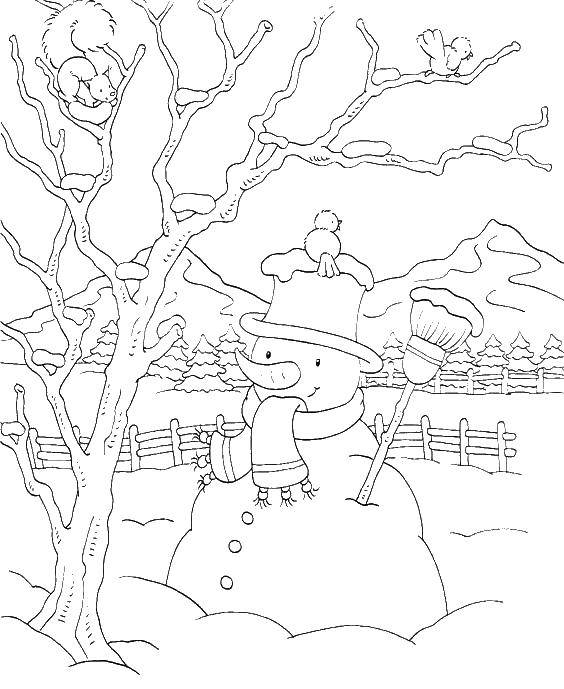 Раскраски для детей Зима, зимушка раскраски для школьников  Снеговик зимой