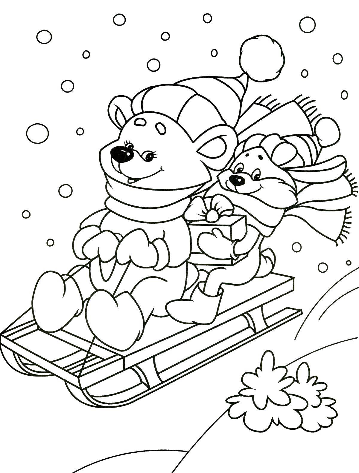 Раскраски для детей Зима, зимушка раскраски для школьников  Мишки катаются на санках
