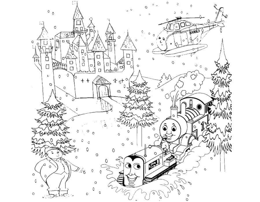 Раскраски зима время года  Поезд чистит снег