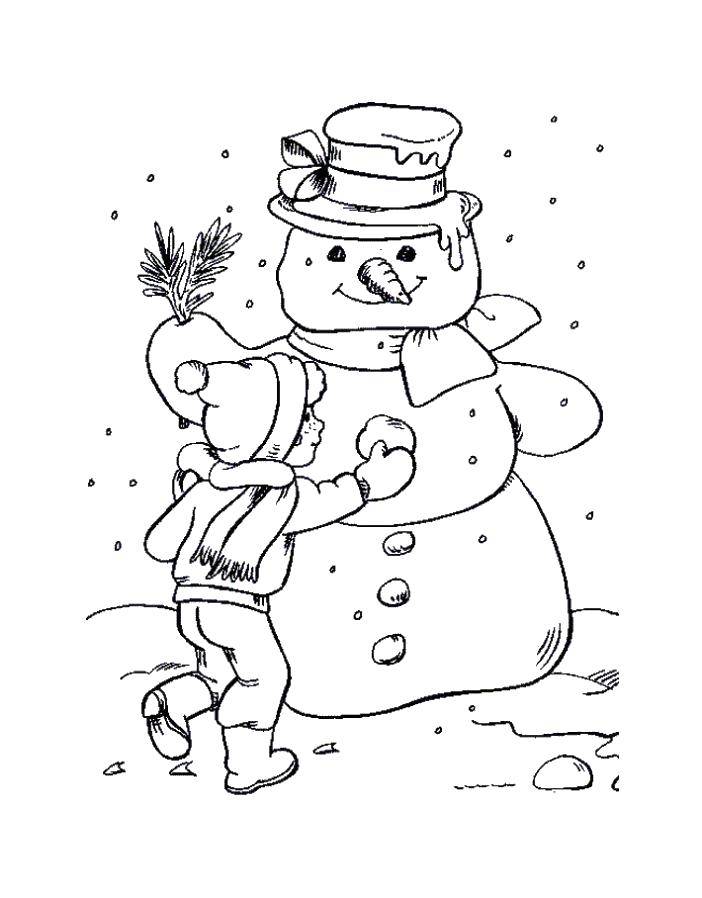 Раскраски подающий снег, снежинки, снега для детей, для занятий в начальной школе  Мальчик лепит снеговичка