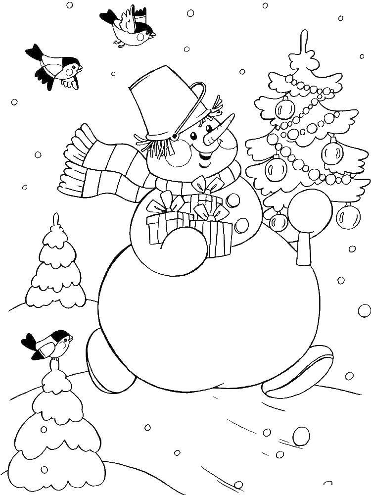 Раскраски подающий снег, снежинки, снега для детей, для занятий в начальной школе  Снеговик несёт новогодние подарочки